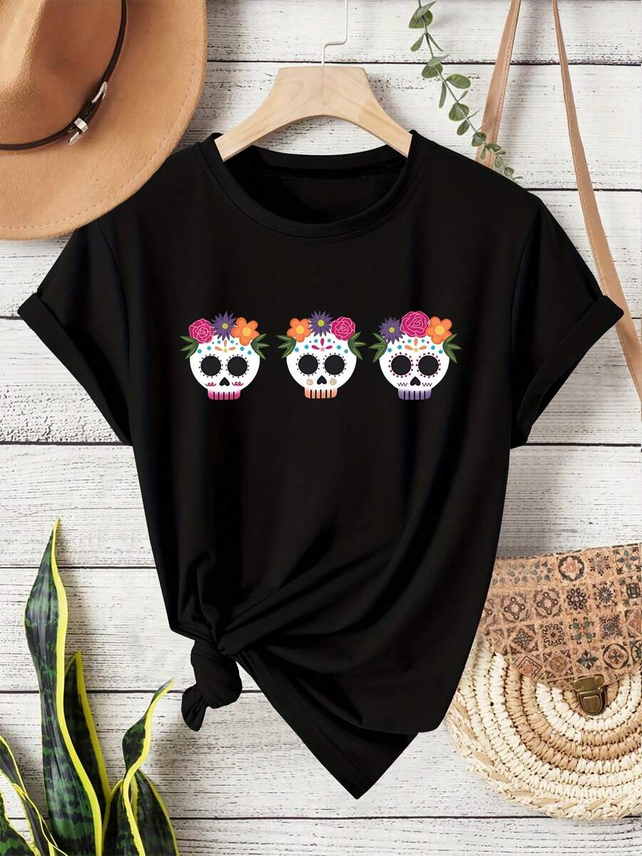 Women's Vintage Mexican Bohemian Short Sleeve T-Shirt - Round Neck Top With Horizontal Skull And Flower Print, Casual Blouse For Mexican Outfits, Machine Washable Tunic Style For 365 Days A Year - 黑色 - 查看 1