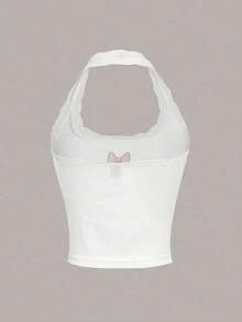 Top blanco ajustado de algodón con estampado de lazo de verano, encaje de color contrastante y espalda descubierta - Blanco 2 - Ver 2