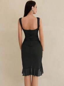 Vestido de fiesta ajustado de doble capa de malla con volantes, vestido sexy para discoteca para primavera/verano, elegante rojo para el Día de San Valentín - Negro - Ver 2