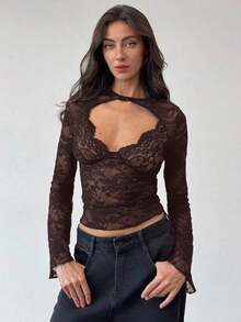 Blusa de manga larga con cuello en V profundo, transparente y con detalles de encaje negro para mujeres - Café integral - Ver 8