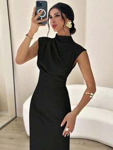 Vestido largo de mujer elegante y casual para uso diario, viajes y moda, con cuello mao, mangas drapeadas y cintura ceñida en color albaricoque - Negro - Ver 1