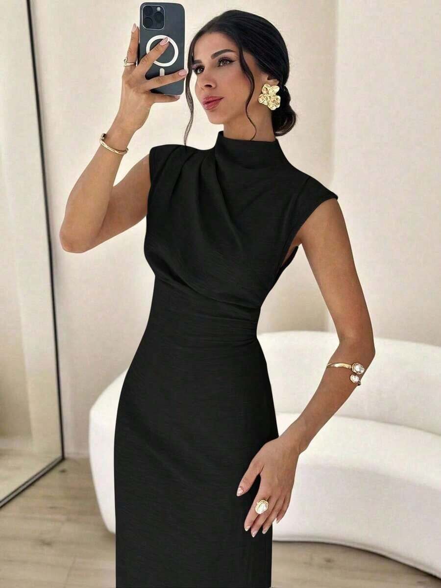 Vestido largo de mujer elegante y casual para uso diario, viajes y moda, con cuello mao, mangas drapeadas y cintura ceñida en color albaricoque - Negro - Ver 1
