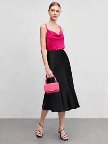 Falda negra básica de corte evasé para mujer, adecuada para el transporte urbano, negocios, uso casual, oficina, y atuendo formal elegante para mujer - Negro - Ver 5