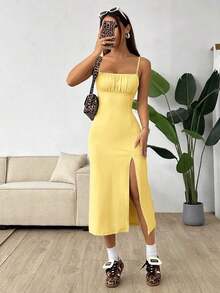 Vestido midi de leopardo con abertura lateral y tirantes - Amarillo - Ver 4