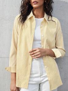 Camisa de mujer de manga larga con hombros caídos y rayas, estilo básico urbano y de commuter, moda simple y elegante, adecuada para vestimenta casual de negocios, oficina, profesora - Amarillo - Ver 1