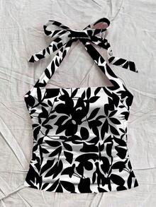 Parte superior de punto ajustada de mujer con cuello de lazo de color blanco, con estampado de hojas tropicales azules, adecuado para vacaciones de verano - Negro - Ver 5