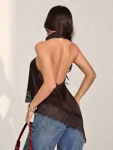 Top halter con escote trasero, bajo asimétrico y parches de encaje, sexy para el verano - Marrón - Ver 2