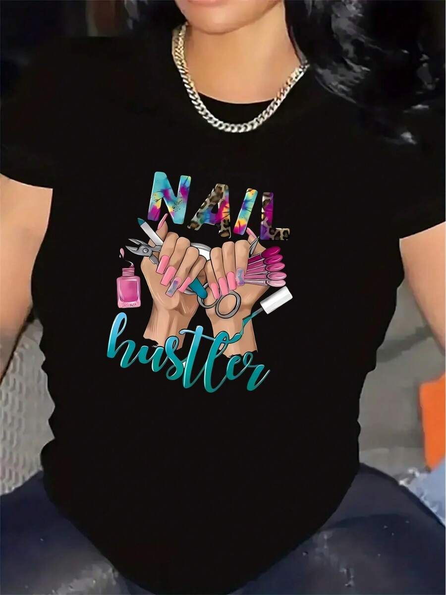 Short-Sleeved T-Shirt For Nail Art Enthusiasts, Made Of Durable Polyester Fabric, Featuring A Vibrant Nail Hustler Design And Tool Graphics, Perfect For Salon Use Or Casual Wear, Lightweight And Comfortable, Suitable For Spring, Summer And Autumn. - 黑色 - 查看 1