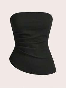 Top tubo sencillo y elegante con cintura fruncida, adecuado para verano, top tubo azul marino, tops tubo para mujer, top sin tirantes para mujer, top tubo azul marino - Negro - Ver 1