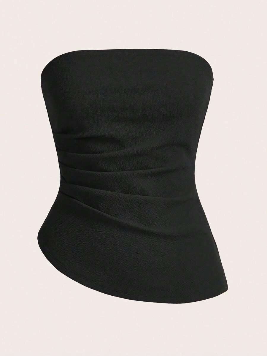 Top tubo sencillo y elegante con cintura fruncida, adecuado para verano, top tubo azul marino, tops tubo para mujer, top sin tirantes para mujer, top tubo azul marino - Negro - Ver 1