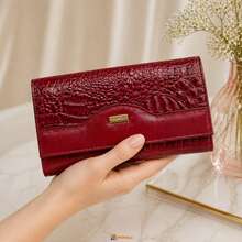 Carteira Couro Legítimo Feminina Grande Zíper Elegante Porta Cartões Presente Luxo MONOLO - Vermelho - Visão 4