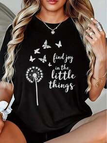 Women's T-Shirt. Soft Crew Neck T-Shirt With An Inspirational Butterfly And Dandelion Print. "Find Joy In The Little Things" Design. Casual Short-Sleeve Top For Everyday Wear And Layering. Relaxed Fit, Soft Fabric. - 黑色 - 查看 1