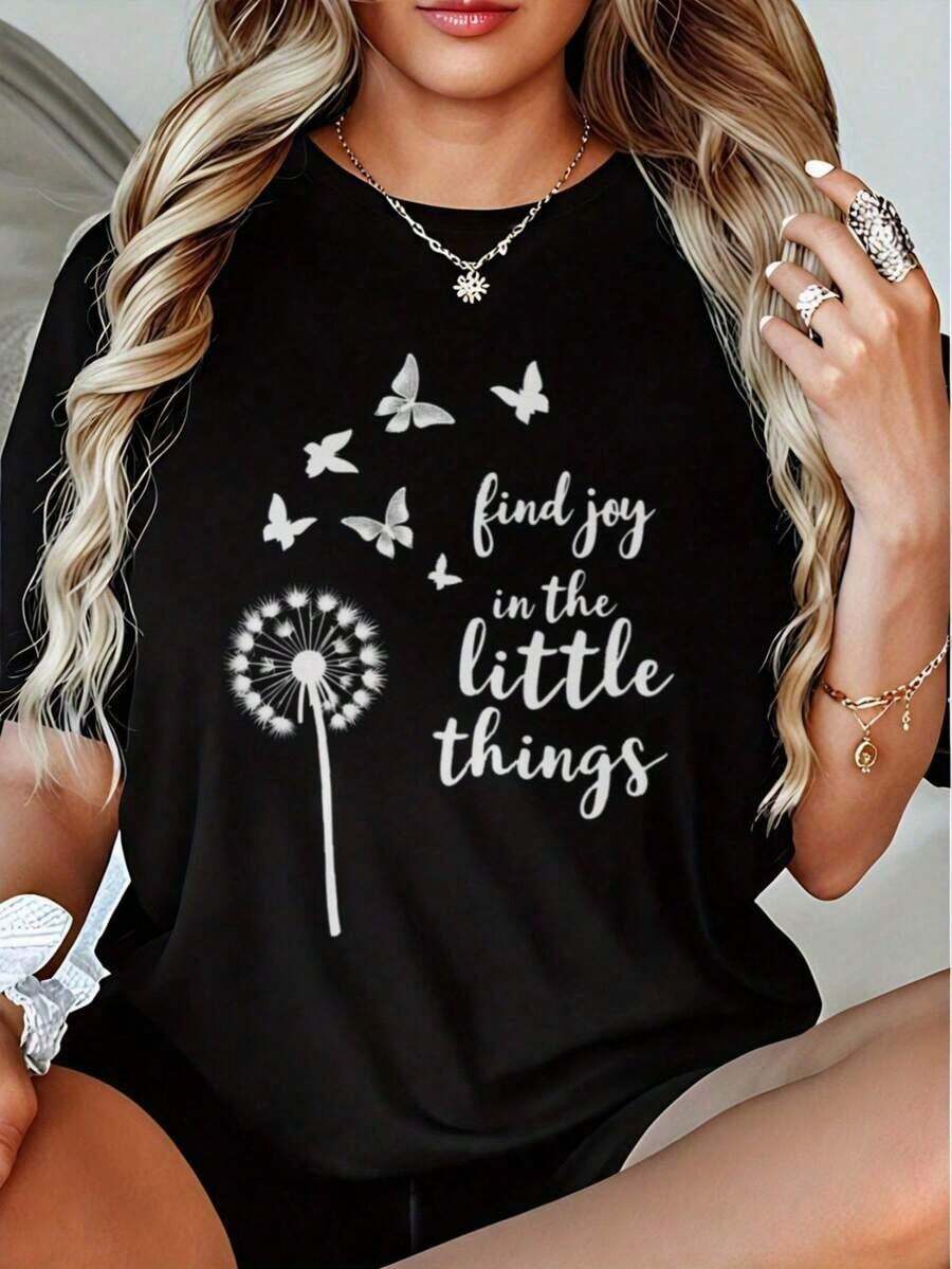 Women's T-Shirt. Soft Crew Neck T-Shirt With An Inspirational Butterfly And Dandelion Print. "Find Joy In The Little Things" Design. Casual Short-Sleeve Top For Everyday Wear And Layering. Relaxed Fit, Soft Fabric. - 黑色 - 查看 1