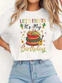 Camiseta de fiesta de cumpleaños de carnaval mexicano para mujer - Estampado "Festejemos, es mi cumpleaños", con maracas, un sombrero y un cactus - Prenda casual de manga corta y cuello redondo, adecuada para primavera y verano, Cinco de Mayo y atuendos de cumpleaños - Vibrante M - Blanco - Ver 6