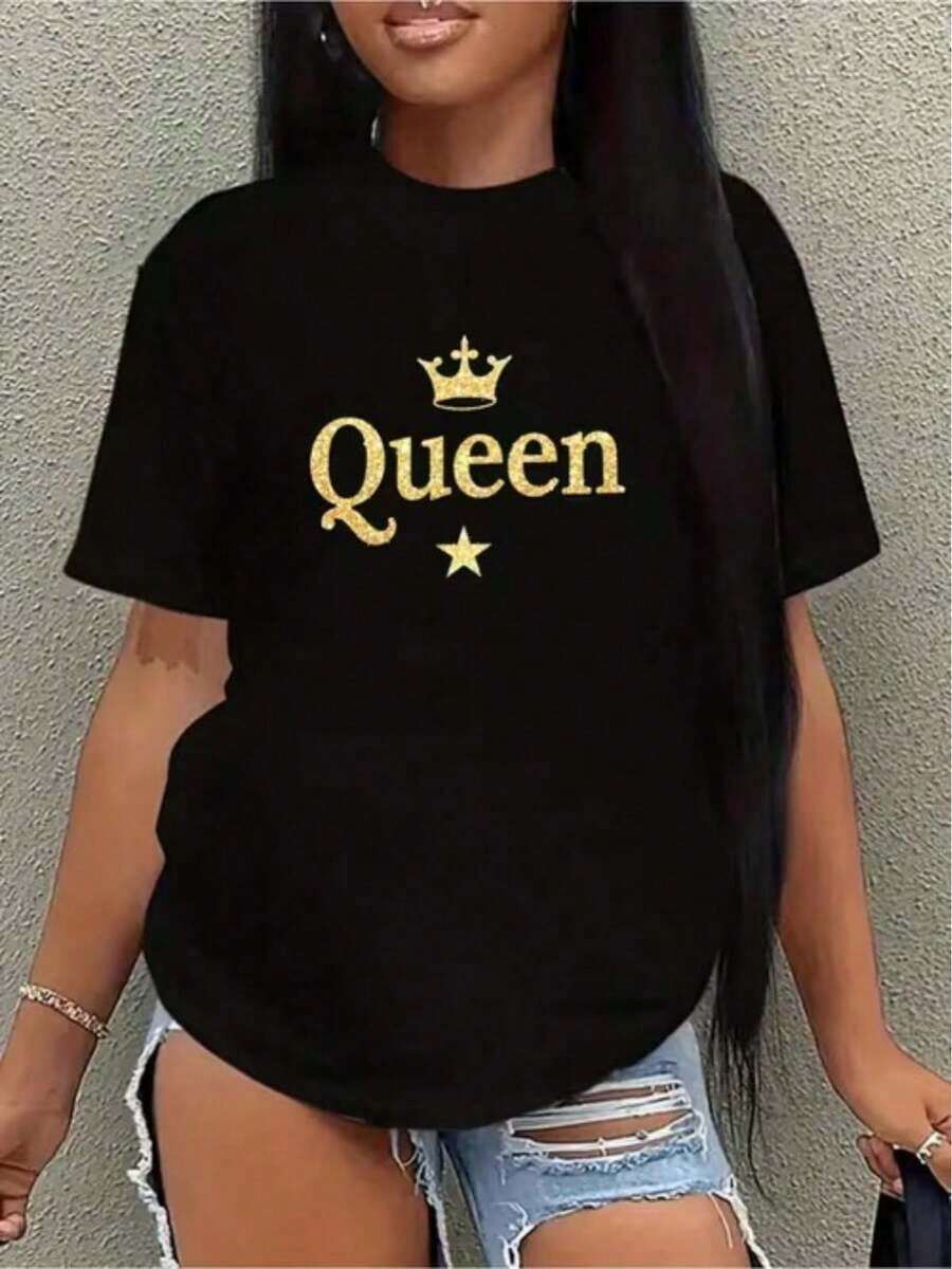 100% algodón Reina Dorada con Corona y Estrella - Negro - Ver 1