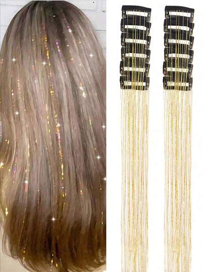 6/12/18pcs Shiny 20 Inch Fashion Glitter Hair Extensions, Clip-In Synthetic Straight Hair Pieces Set, Heat Resistant Shiny Hair Accessories Suitable For Women, Suitable For Various Festivals (Gold, Silver, White, Colorful)