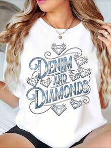 Women's Graphic Denim And Diamond T-Shirt, Fashion Shirt, Casual Garment, Summer Clothing Option, It's A Perfect Gift For Friends And Family On Any Holiday Or Special Occasion. - 白色 - 查看 2