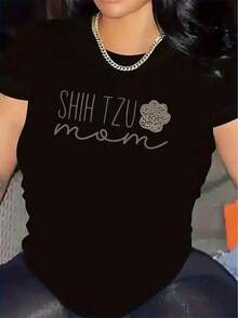 Camiseta Gráfica para Mamá de Shih Tzu - Top Ligero y Transpirable de Poliéster con Estampado Floral, Camiseta Blanca Casual para el Día a Día para Mamás y Amantes de Mascotas - Regalo Ideal para el Día de la Madre, Camiseta de Ajuste Cómodoblusas>bonito - Negro - Ver 7