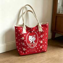 Miniso Sanrio Hello Kitty 波点玫瑰帆布手提包，红色单肩包，日常使用 - 黑色 - 查看 3