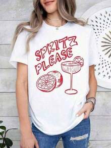 Women's Clothing; Summer Tops; Women's Vintage Print Short Sleeve T-Shirt, "Give Me A Spritz" Cocktail Shirt, Girls' Pajamas, Cocktail Shirt, Spritz T-Shirt, 100% Pure Cotton, Lightweight And Breathable, Machine Washable And Dry Cleanable, Perfect Holiday Gift. Exquisite Shirt, Loose Fit, Vintage Print T-Shirt, Urban Fashion Summer Clothes; Summer Sets; 100% Pure Cotton R2RY Suitable For Spring, Summer, And Autumn - 白色 - 查看 1