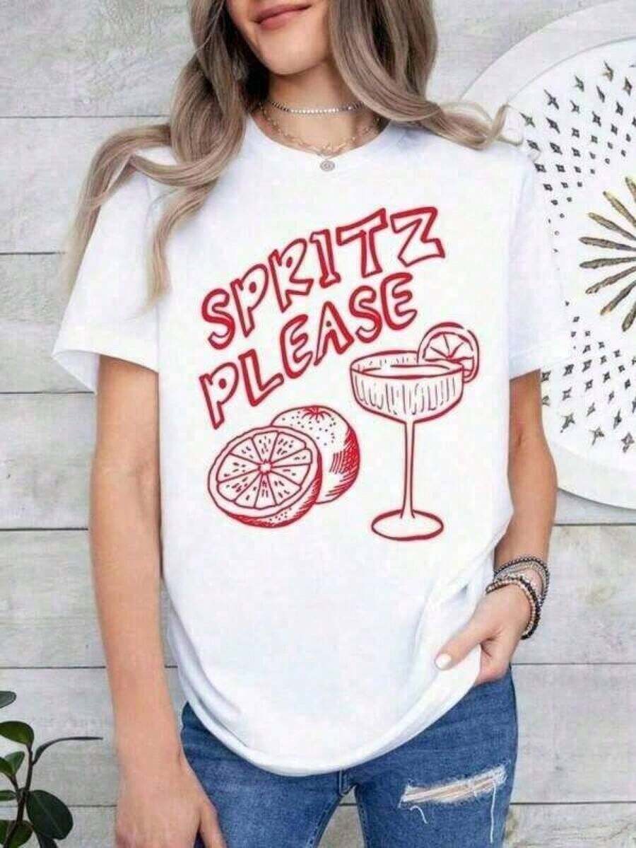 Women's Clothing; Summer Tops; Women's Vintage Print Short Sleeve T-Shirt, "Give Me A Spritz" Cocktail Shirt, Girls' Pajamas, Cocktail Shirt, Spritz T-Shirt, 100% Pure Cotton, Lightweight And Breathable, Machine Washable And Dry Cleanable, Perfect Holiday Gift. Exquisite Shirt, Loose Fit, Vintage Print T-Shirt, Urban Fashion Summer Clothes; Summer Sets; 100% Pure Cotton R2RY Suitable For Spring, Summer, And Autumn - 白色 - 查看 1