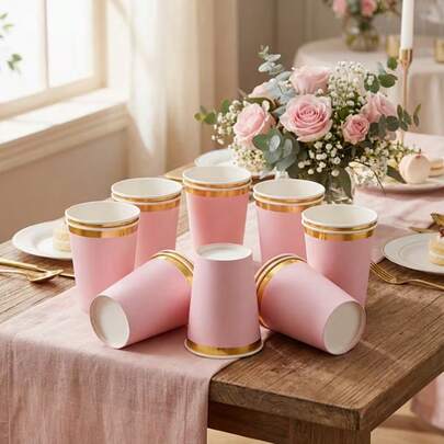 10/20/30/50/100 piezas Vasos de papel rosa de 9 onzas para el Día de la Madre, vasos de café resistentes al calor, vasos para bebidas calientes y frías, adecuados para bodas, fiestas, picnics, barbacoas, viajes y eventos, suministros para fiestas de picnic festivas, aplicables para restaurantes, food trucks, cocinas, oficinas, Día de San Valentín