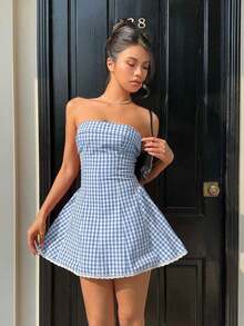 Vestido corto de vacaciones para mujer, de cintura ceñida y volante con estampado vintage a cuadros rojos y blancos - Azul y blanco - Ver 3