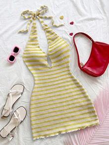Vestido mini casual para vacaciones, boda en la playa, graduación, brunch, Día de San Patricio, vacaciones de primavera, Pascua, festival de música, elegante bohemio, tropical elegante sin tirantes, hombros descubiertos, espalda descubierta para of - Amarillo - Ver 1