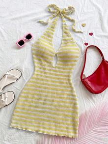 Vestido mini casual para vacaciones, boda en la playa, graduación, brunch, Día de San Patricio, vacaciones de primavera, Pascua, festival de música, elegante bohemio, tropical elegante sin tirantes, hombros descubiertos, espalda descubierta para of - Amarillo - Ver 5