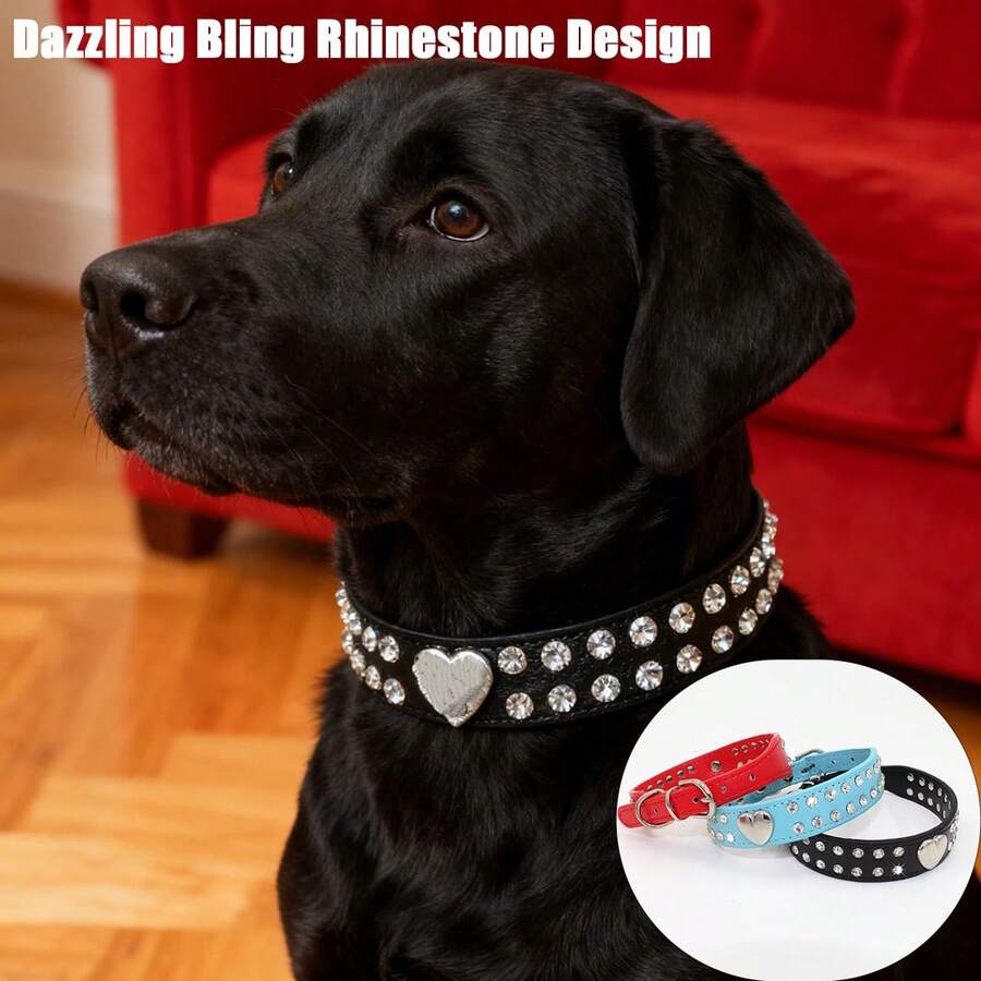 Fashion Luxury Bling Rhinestone Pet Collar, Multi Size Adjustable Pet-Friendly PU Leather Neck Strap, Sparkling Crystal Diamond Comfort Decorative Collar For Puppy Cat Small Medium Dogs - 紅色 - 查看 1