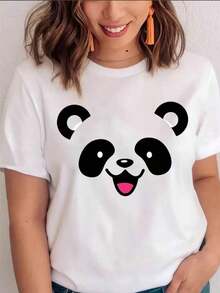 Limited Edition Women's Casual T-Shirt With Panda Print, Soft Fabric, Loose Fit, Round Neck, Short Sleeve, Spring-Summer, Everyday Wear, T-Shirt, Fun Kawaii Panda Print, Lightweight Cotton - 白色的 - 查看 4