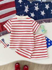 2pcs/Set Toddler Boys' Cute Embroidered Dinosaur V-Neck Casual Sports Outfit, Collar 2-Piece Set, Suitable For Outings And Play, Independence Day/Holiday Edition - Red - View 2