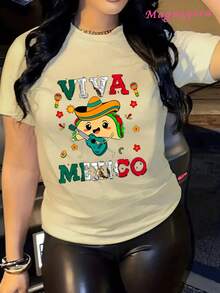 Limited Edition MGY Viva Mexico Graphic T-Shirt For Women, Size -% Cotton, Short Sleeve, Crew Neck, Casual Style With Vibrant Mexican Culture Design, Maracas, Sombrero And Chiles Print, Black And Red/Blue Green, Machine Washable, All Season Comfort, Lightweight Cotton - 杏色 - 查看 1