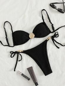 Metallic Shell Decoration, Solid Color, Lace-Up Style, Sexy And Cute Bikini For Parties. - 黑色 - 查看 6