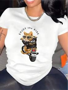 1 camiseta blanca de algodón puro para mujer, camiseta de estilo callejero con temática de gatos, 180g, 100% algodón. - blanco - Ver 1