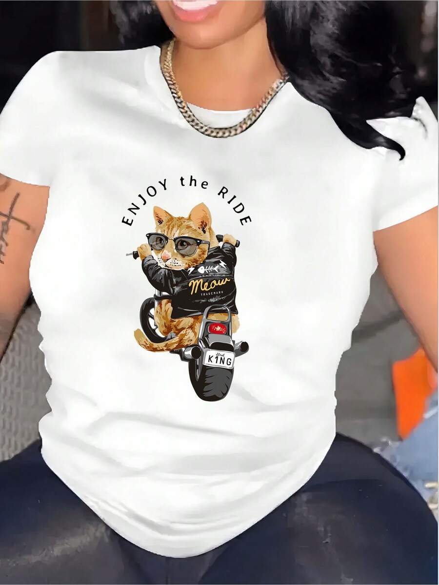 1 camiseta blanca de algodón puro para mujer, camiseta de estilo callejero con temática de gatos, 180g, 100% algodón. - blanco - Ver 1