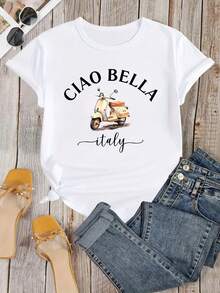 1 camiseta italiana con estampado "Hello", camiseta con estampado de letras "Hello Bella", camiseta de motocicleta italiana, recuerdo de viaje italiano, 180g 100% algodón. - Blanco - Ver 2