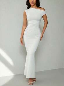 Ropa de verano, atuendos para citas diarias y viajes, atuendos de fiesta, atuendos interiores elegantes para mujeres, atuendos para salir, vestido asimétrico de sirena extra largo con hombros caídos, atuendos de club para mujeres, atuendos de - Blanco - Ver 3