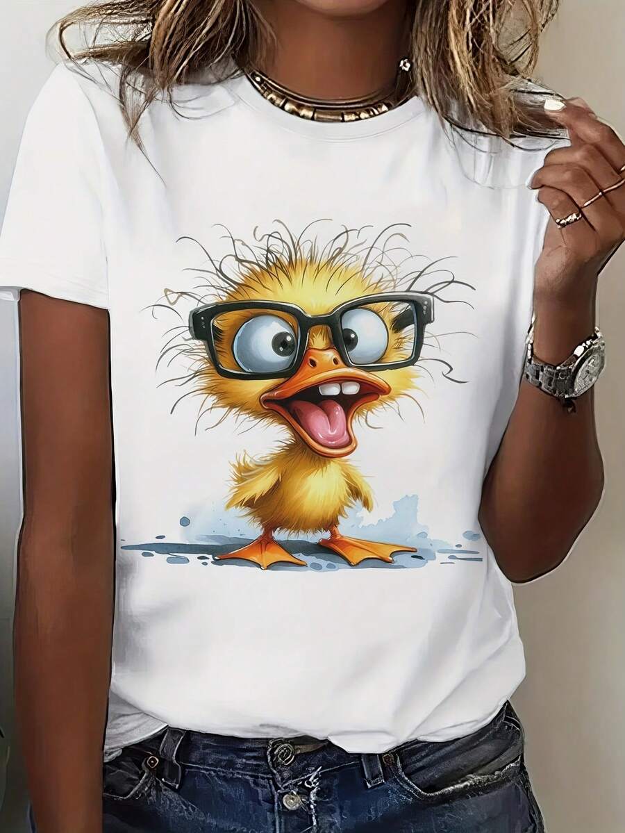 Women's T-Shirt With Round Neck And Anime Letter Print, Easy Design, Comfortable And Breathable, Ideal For Casual Daily Wear, Showing A Natural And Elegant Style, A Must-Have For Summer Parties (Mixed Color) - 白色的 - 查看 1