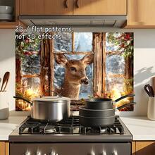 1pc 2D Flat Design Sticker Depicting A Deer In Front Of A Snowy Pine Window, Suitable For Kitchen Wall Decor. Easy To Apply, Durable PVC Material, Removable And Reusable, Flat Art Sticker, Kitchen Storage. - 1PC - View 7