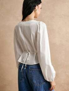 Camisa de algodón blanco con detalles de botones y bordado de encaje en la cintura, camisa de manga larga, camisa de cintura, blusa de encaje, camisa de encaje, camisa de algodón, detalles de cintura elegantes, para uso diario, salida de trabajo, - Blanco - Ver 6