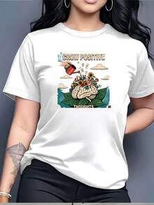 180g Casual T-Shirt With The Inspirational Message "Cultivate Positive Thinking" - An Excellent Choice For Family And Team-Building Gifts, Suitable For Holidays, Soft And Lightweight, With Inspirational Messages, Ideal For Easter And Spring Celebrations. A Must-Have. - 白色 - 查看 7