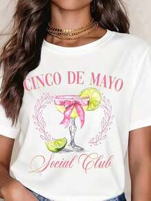 Women's Vintage Cinco De Mayo Cocktail T-Shirt With Lime And Bow, Casual, Crew Neck, Short Sleeve, Perfect As A Birthday Gift, Suitable For All Seasons, Graphic T-Shirt For Everyday Outdoor Wear - 白色 - 查看 6
