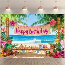 1 pieza Pancarta de fondo de cumpleaños de playa tropical, hecha de material de poliéster, con elementos de palmeras, flores de hibisco y mesas y sillas de playa. Adecuada para fiestas con temática hawaiana o reuniones de cumpleaños de verano, etc. - A - Ver 4