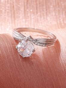 1 chiếc nhẫn tròn đính đá Cubic Zirconia lấp lánh, kiểu dáng cổ điển thanh lịch, thích hợp làm quà tặng đính hôn/cưới, kỷ niệm, Valentine, nhẫn cưới cao cấp, phong cách quyến rũ. - Bạc - Xem 2