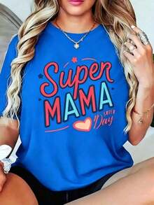 New Cotton T-Shirt. Women's Super Mom T-Shirt - Short Sleeve, Round Neck With Super Mom Lettering & Footprint, Pink And Red Heart Design - Mother's Day Gift, Casual Fit, Year-Round Wear For Super Moms & Women's Short-Sleeved Printed T-Shirt. The Best Gift For Mom On Mother's Day. Suitable As A Gift. Women's T-Shirt. - Azul - 查看 8