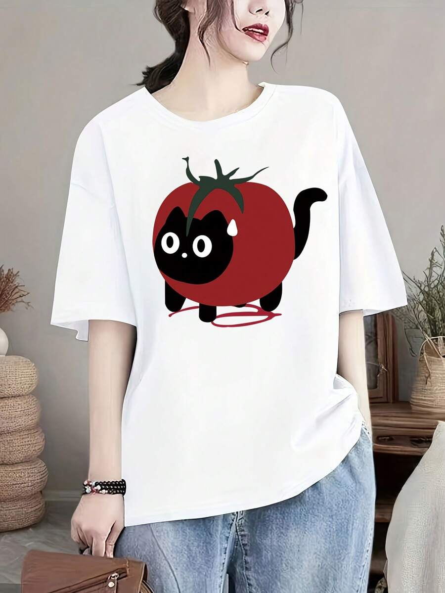 Women's Personalized Summer T-Shirt, Cotton Blend, Short Sleeve, Black Cat And Tomato Print, Unique Design - Urban Vintage Style, Unisex, Loose Fit, Cotton, Short Sleeve, Round Neck - 白色 - 查看 1