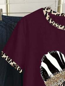 Camiseta casual de verano para mujer con cuello redondo, manga corta, bloque de color y patrón de corazón - Burdeos - Ver 4