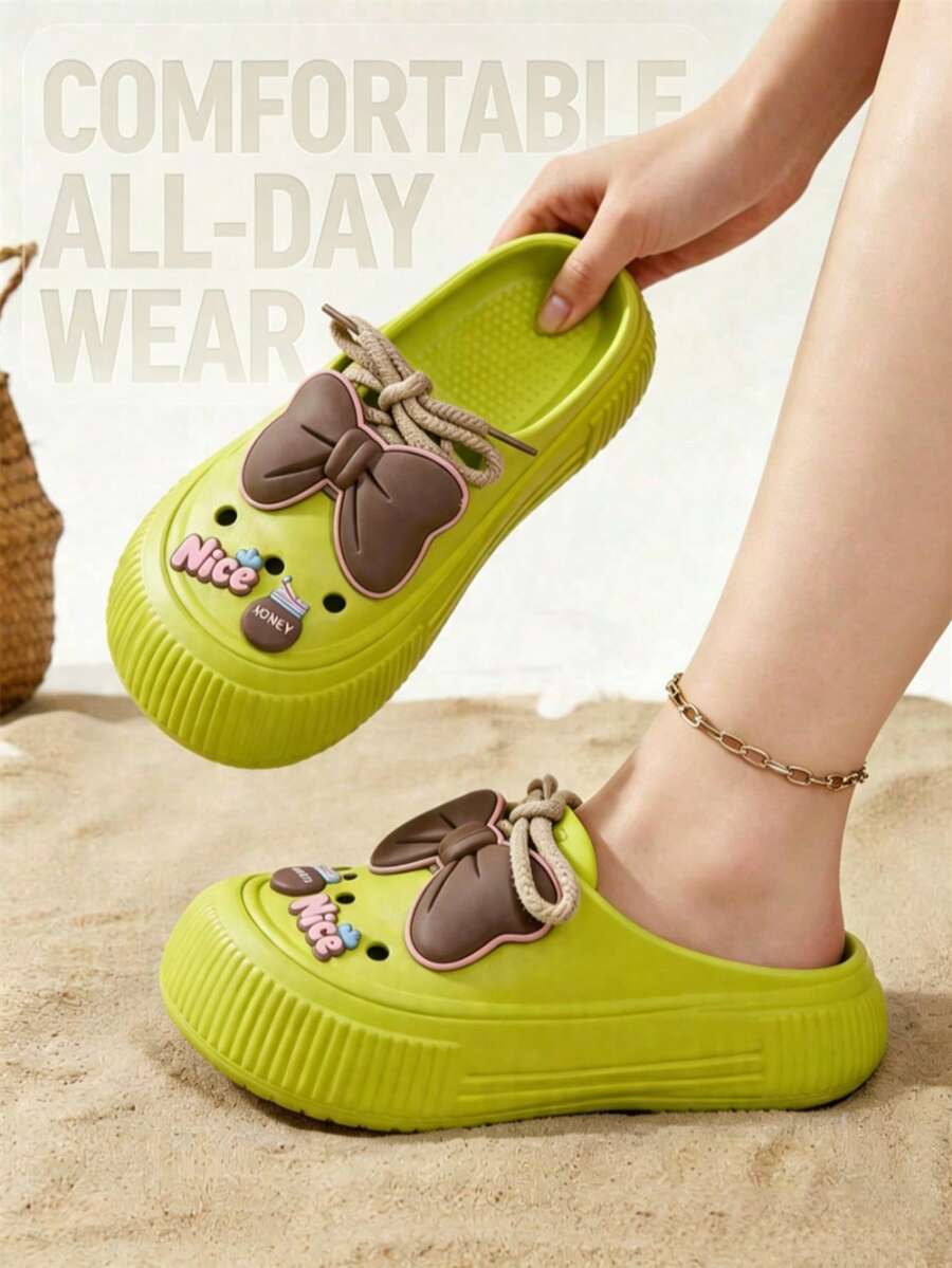 Women's Cute Bow Thick Bottom Wooden Sole Slippers, Soft Padded Closed Toe Thick Bottom Mules With Pendant Decoration, Comfortable Slip-On Casual Beach Pool Gardening Work Shoes - Green - View 1