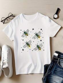 Camiseta de mujer con estampado de luciérnaga y estrellas, diseño peculiar de luciérnaga, manga corta, cuello redondo, top casual, ropa de mujer para primavera/verano. - Blanco - Ver 1